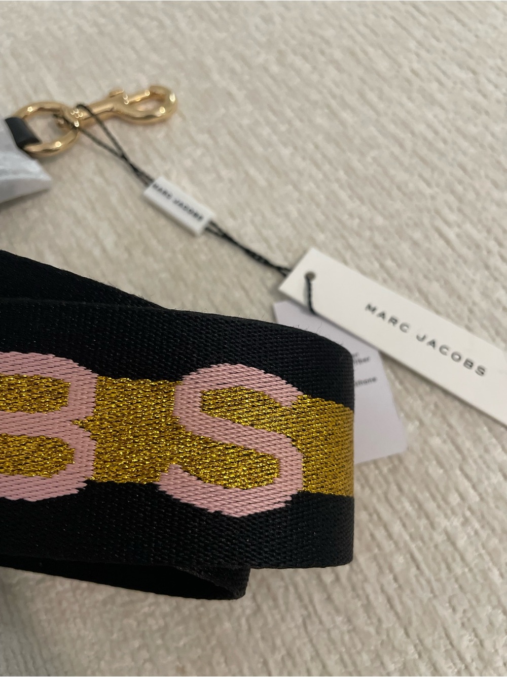 Marc Jacobs Black Webbing Strap with Gold Metallic Stripe and Light Pink Logo - Picture 5 of 6